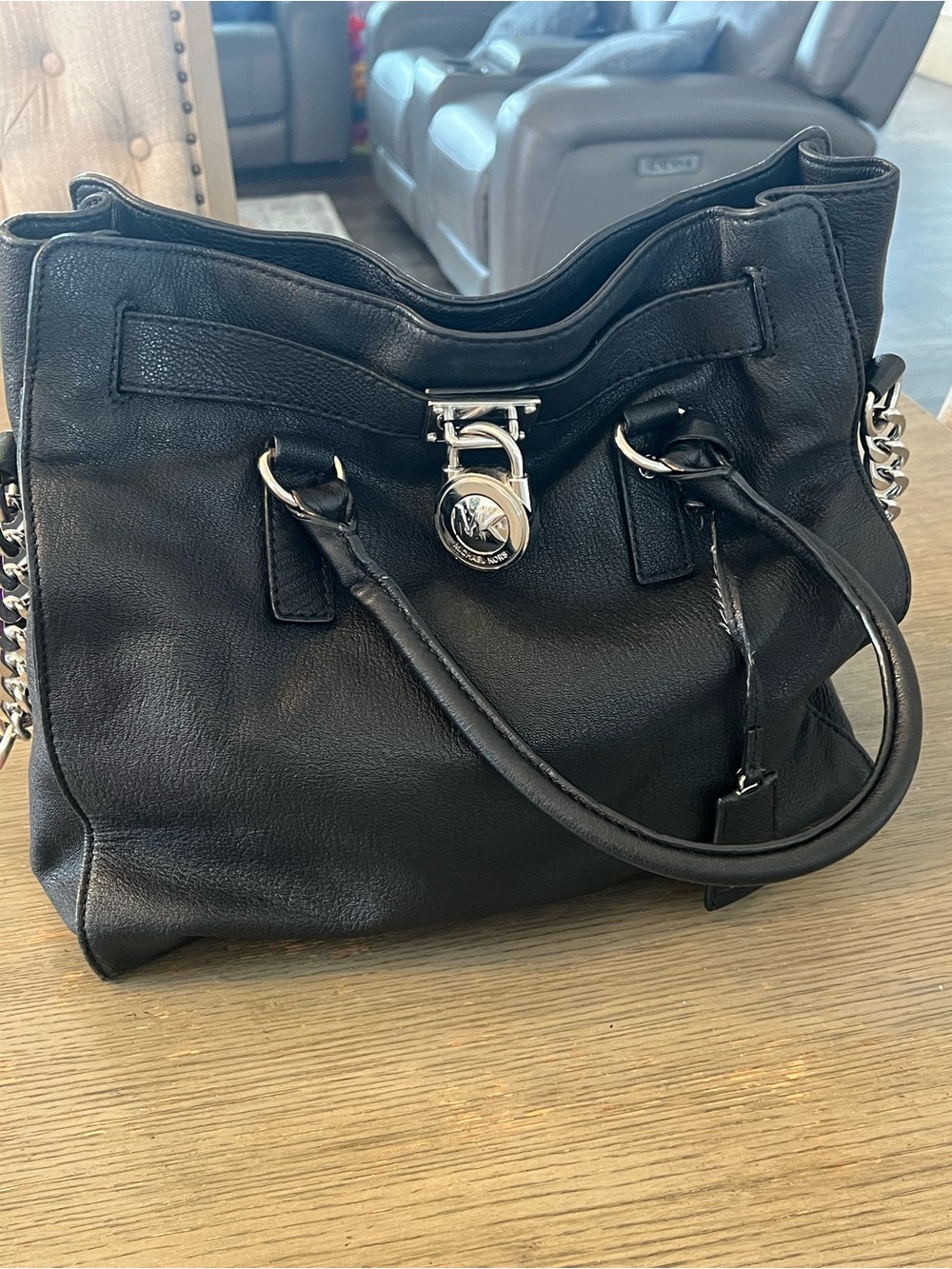 Michael Kors Black Leather Shoulder Bag with Silver Hardware